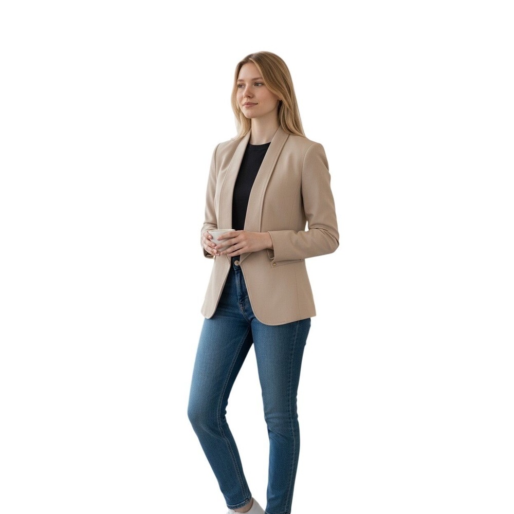 Tahari Arthur Levine Women Tan Shawl Collar‎ Open Front Blazer Size S